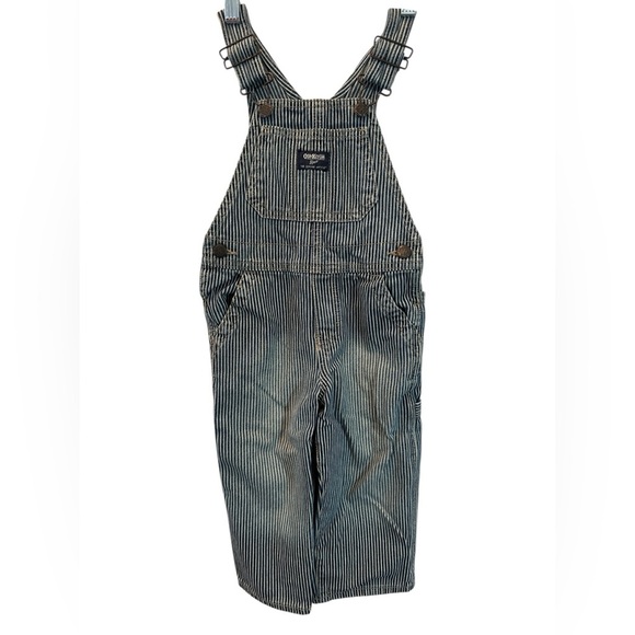 Oshkosh B gosh Overalls Sz 2T Conductor Stripe Vestbak Denim Jeans Snaps - Picture 1 of 6